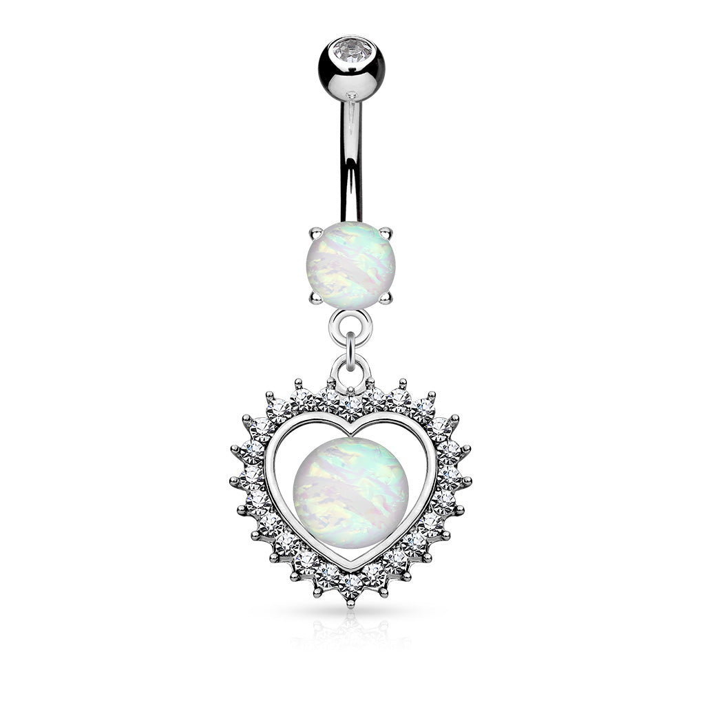 14G Surgical Steel Heart Opal Glitter (10MM) Dangle Belly Button Ring